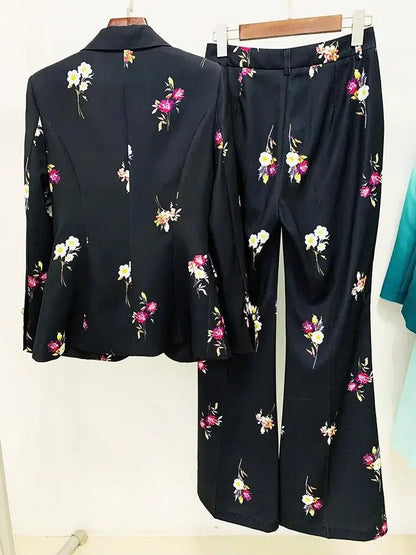 Floral Pant Suit - Notched Collar Women Trouser Suit -Guocali