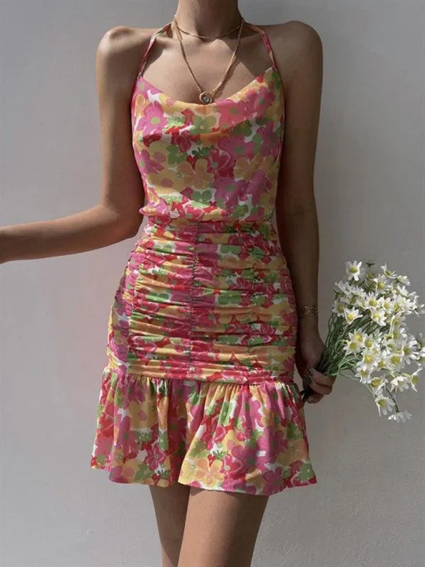 Floral Print Hip Strap Dress -Guocali