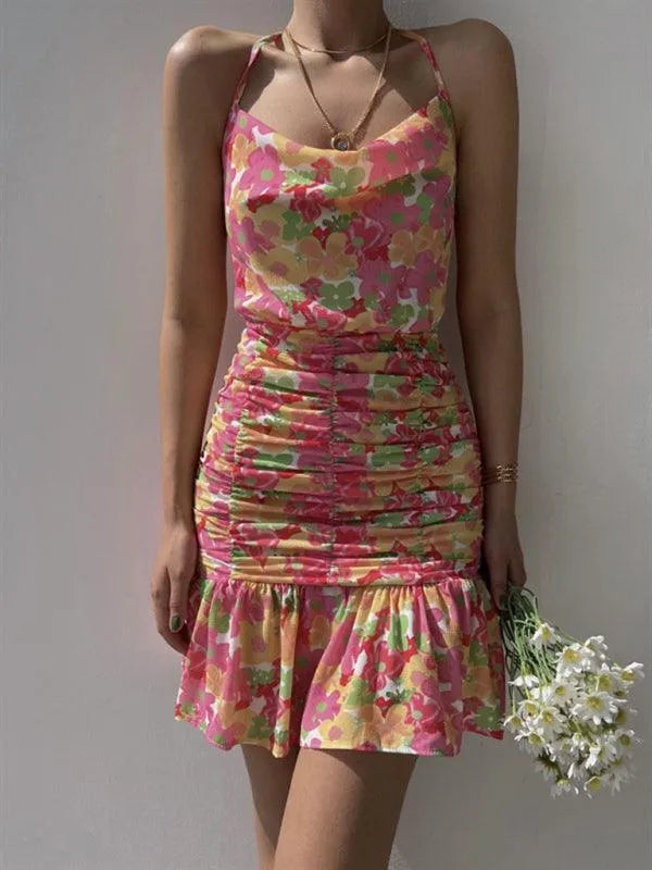 Floral Print Hip Strap Dress -Guocali