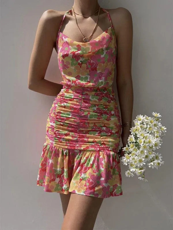 Floral Print Hip Strap Dress -Guocali