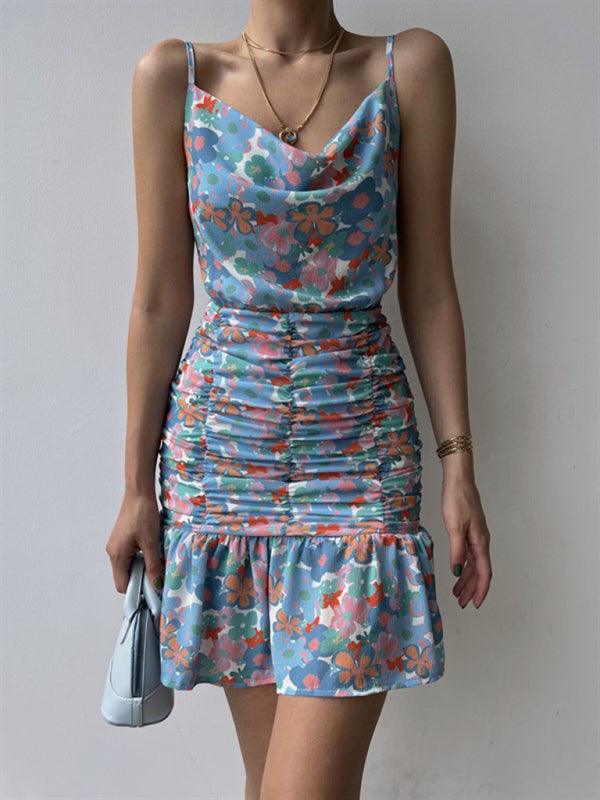 Floral Print Hip Strap Dress - Strap Dress - Guocali