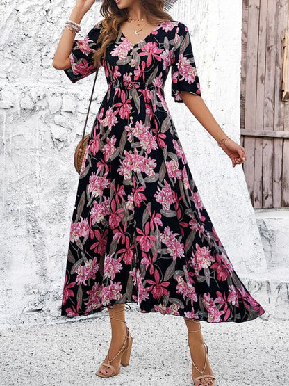 Floral Print Slit Dress Vacation - Slit Dress - Guocali