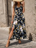 Floral Print Strapless Backless Long Dress -Guocali