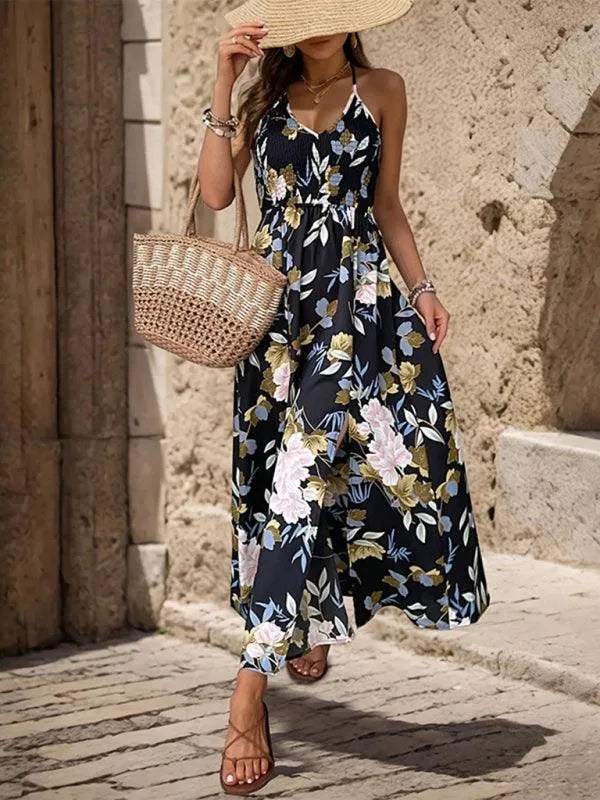 Floral Print Strapless Backless Long Dress -Guocali