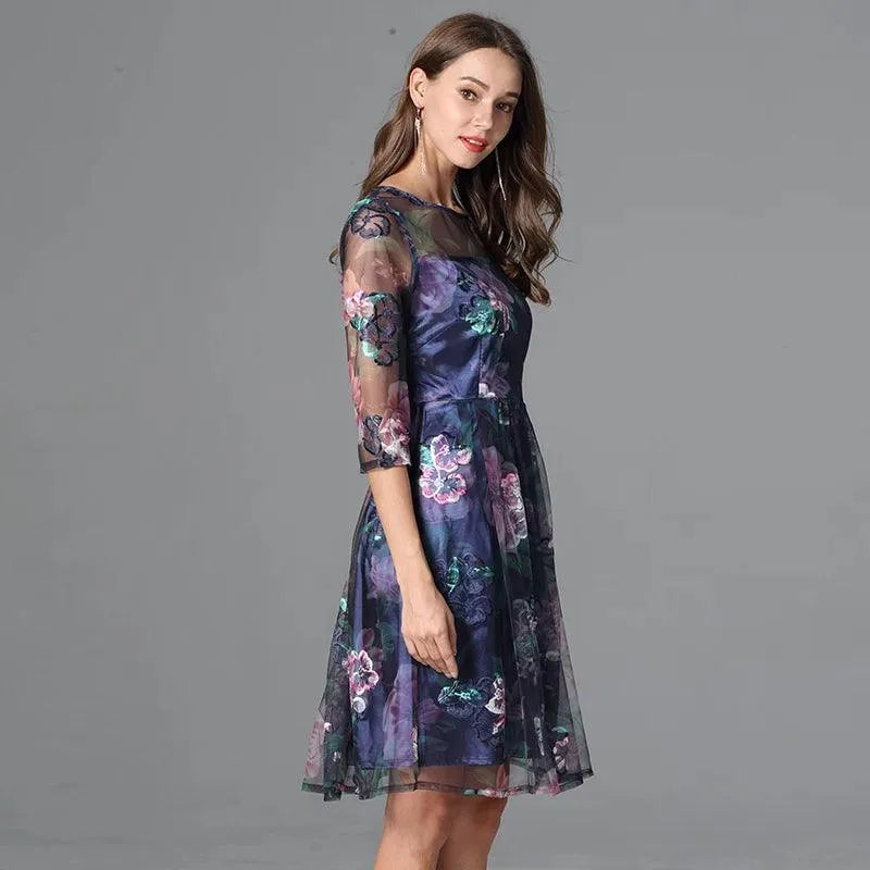 Floral Three-Quarter Sleeved Lace Dress -Guocali