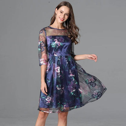 Floral Three-Quarter Sleeved Lace Dress - Lace Dress - Guocali