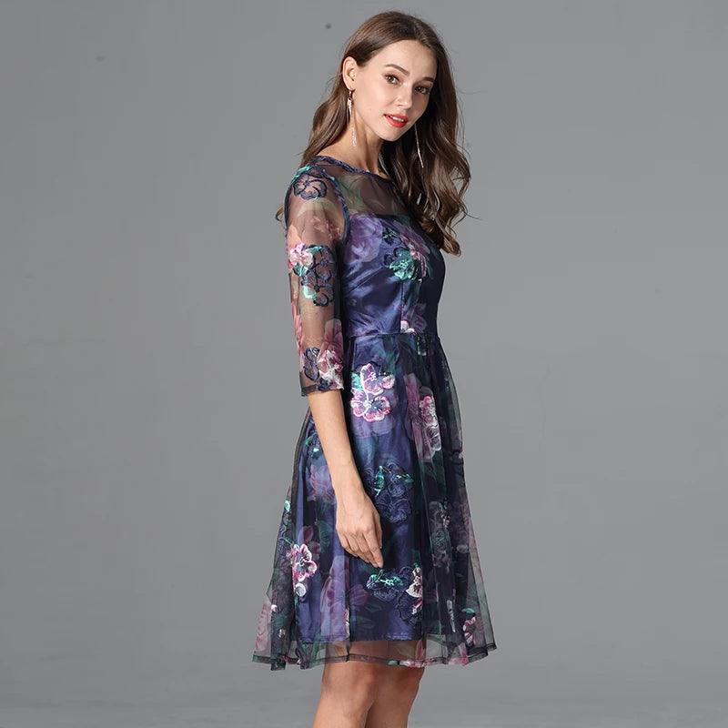 Floral Three-Quarter Sleeved Lace Dress - Lace Dress - Guocali