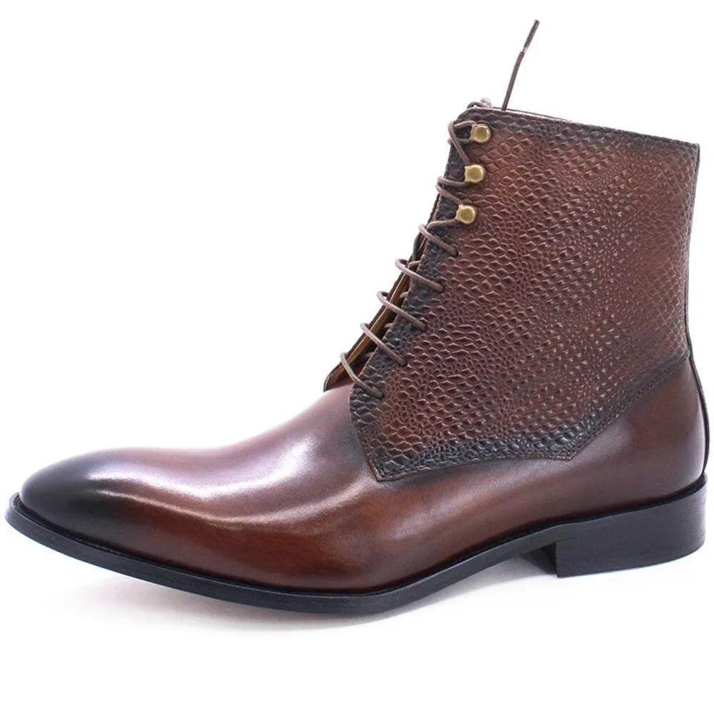 Brown leather ankle boot with textured upper, lace-up design, and low black heel on white background