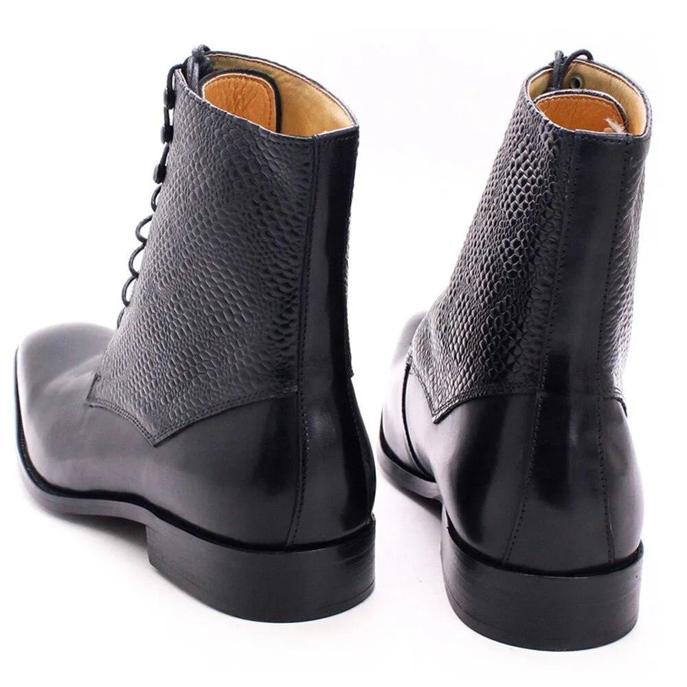 Black leather ankle boots with textured upper and lace-up design on a white background