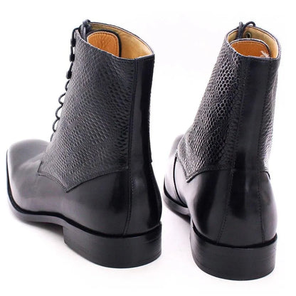 Black leather ankle boots with textured upper and lace-up design on a white background