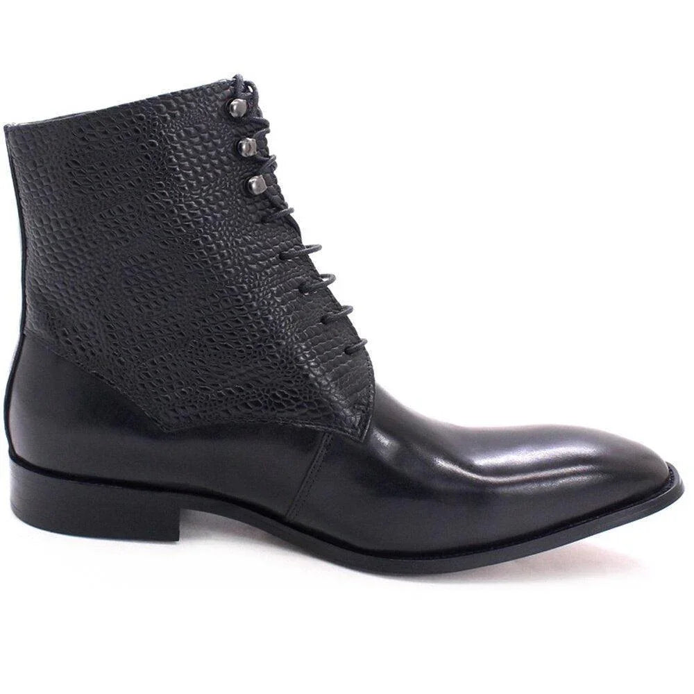 Black leather ankle boot with textured lizard pattern sides and lace-up front on white background