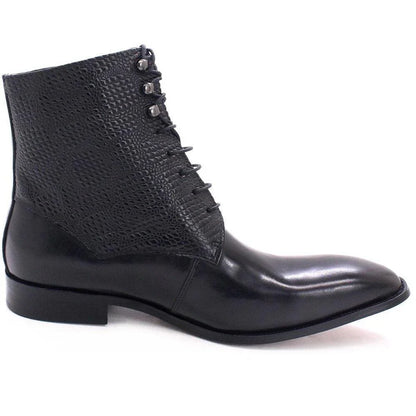 Black leather ankle boot with textured lizard pattern sides and lace-up front on white background