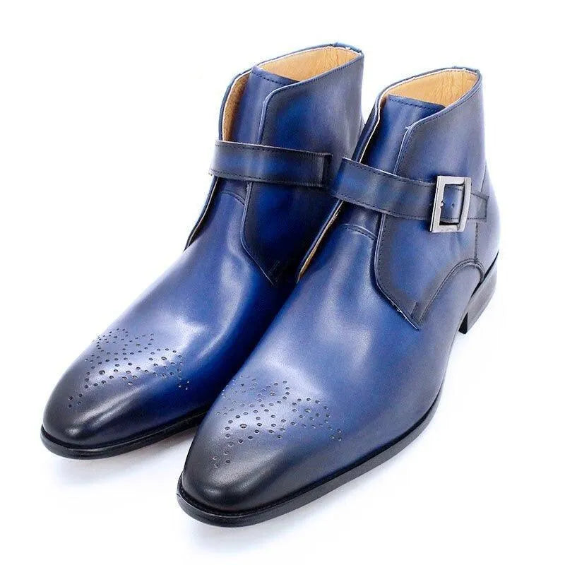 Men's blue leather ankle dress boots with buckle and perforated toe detail