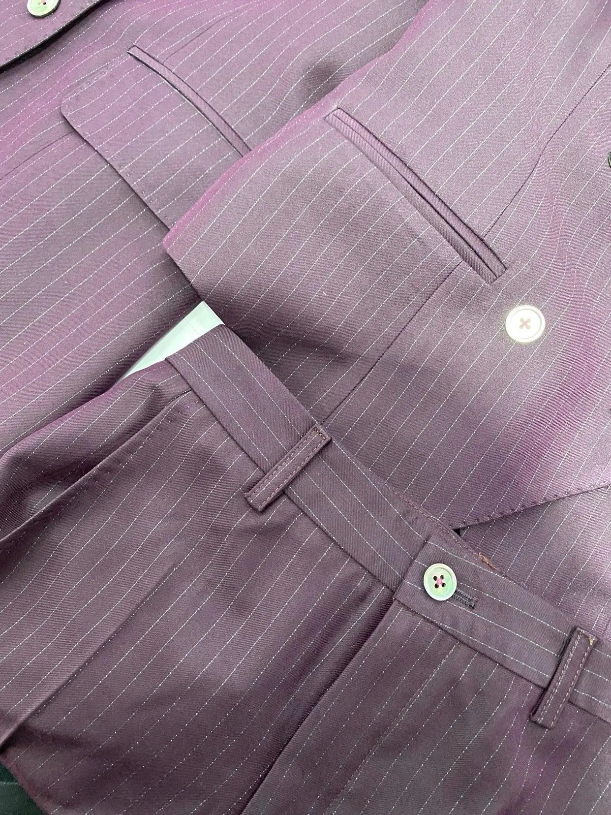 Fuchsia Striped Worsted Pant Suit, Slim Three-Piece Women Suit, Business Formal -Guocali