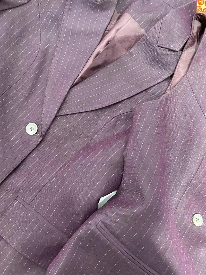 Fuchsia Striped Worsted Pant Suit, Slim Three-Piece Women Suit, Business Formal -Guocali