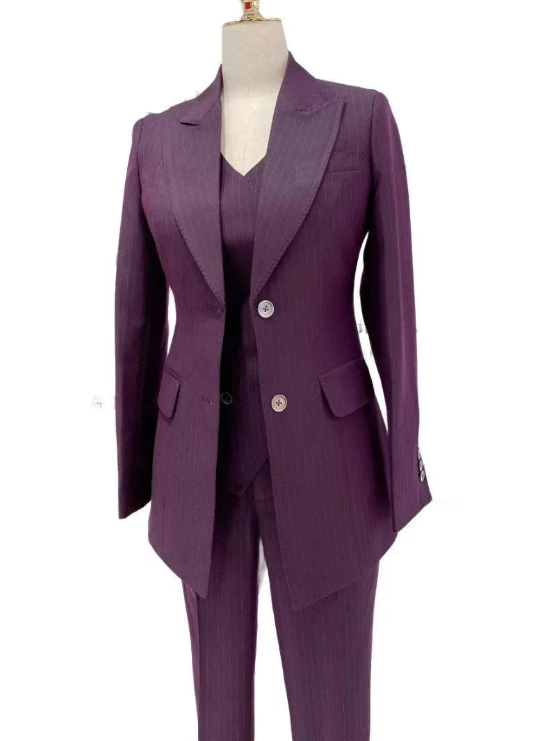 Fuchsia Striped Worsted Pant Suit, Slim Three-Piece Women Suit, Business Formal -Guocali