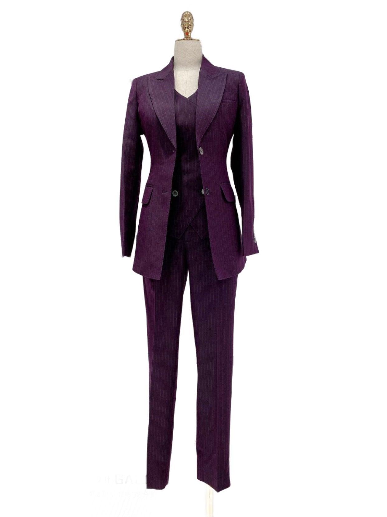 Fuchsia Striped Worsted Pant Suit, Slim Three-Piece Women Suit, Business Formal - Pantsuit - Guocali