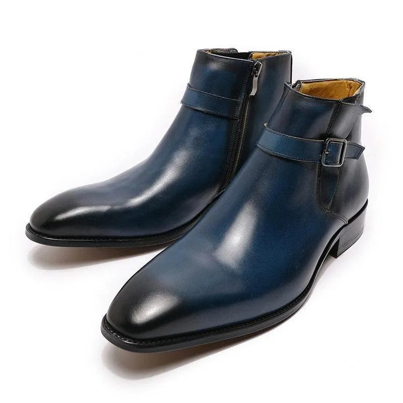 Men's blue leather ankle boots with side zipper and buckle on white background