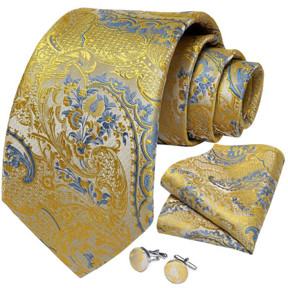 Gold Blue Paisley Necktie Set -Guocali