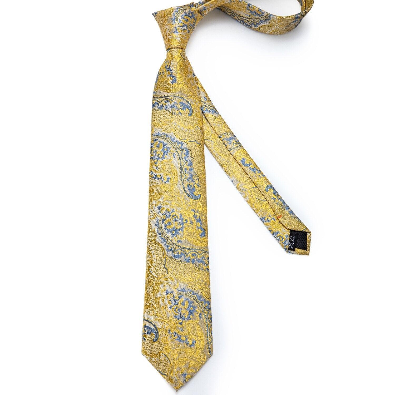 Gold Blue Paisley Necktie Set - Necktie - Guocali