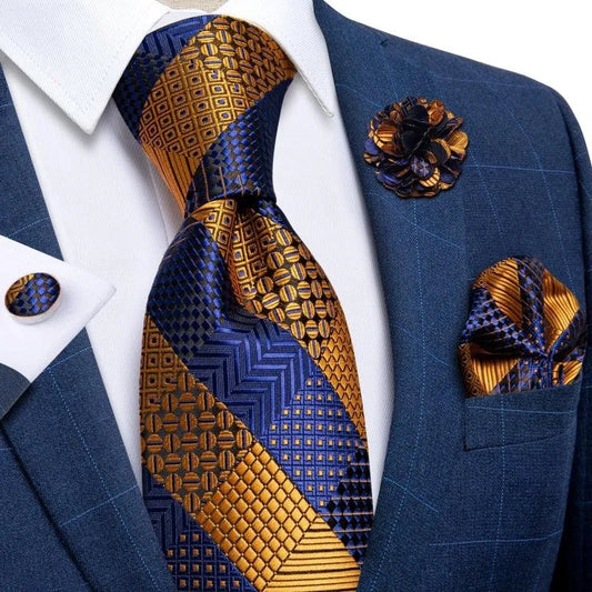 Gold Blue Striped Silk Necktie Set -Guocali
