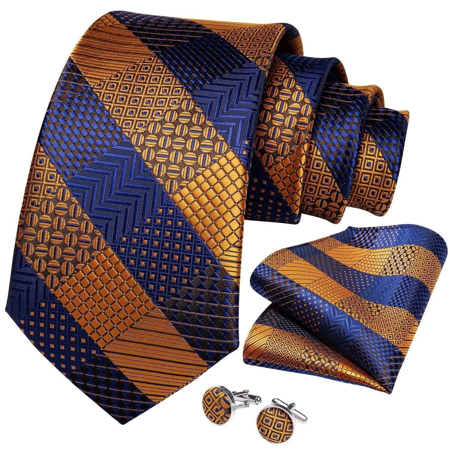 Gold Blue Striped Silk Necktie Set -Guocali