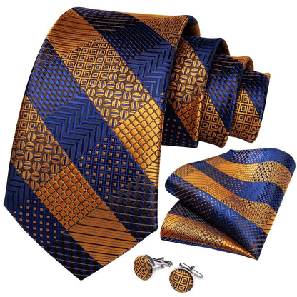 Gold Blue Striped Silk Necktie Set -Guocali