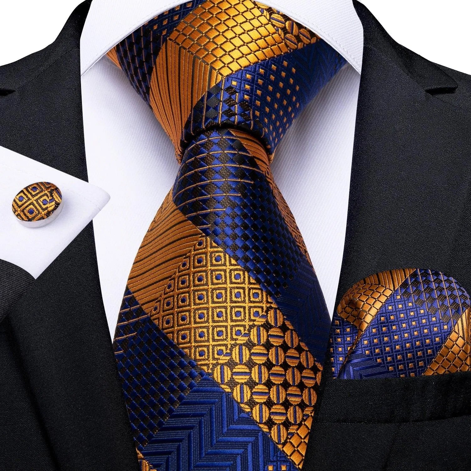 Gold Blue Striped Silk Necktie Set -Guocali
