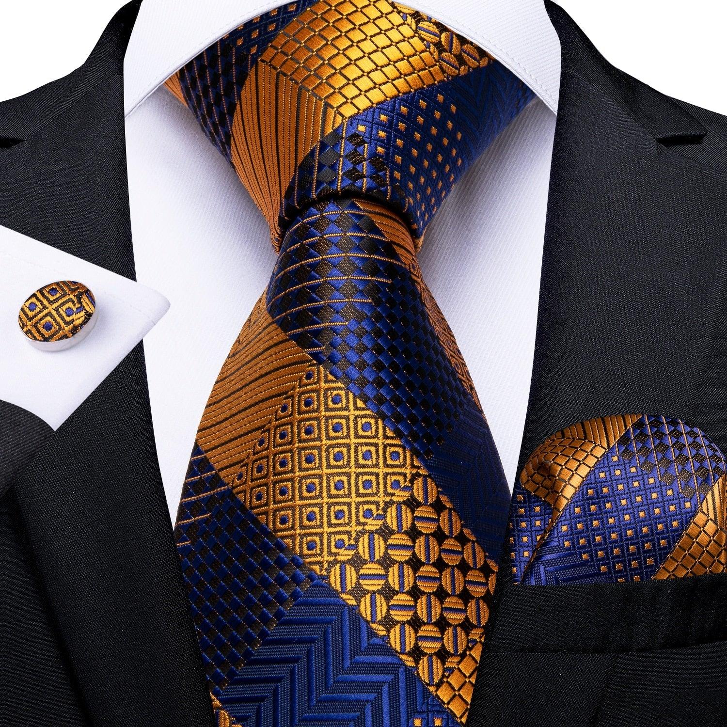 Gold Blue Striped Silk Necktie Set - Necktie - Guocali