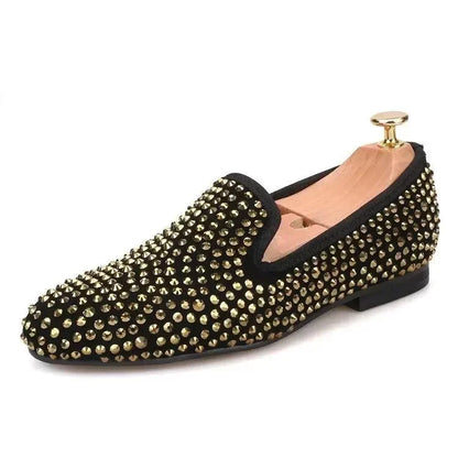Gold Crystal Suede Loafer Shoes for Women -Guocali