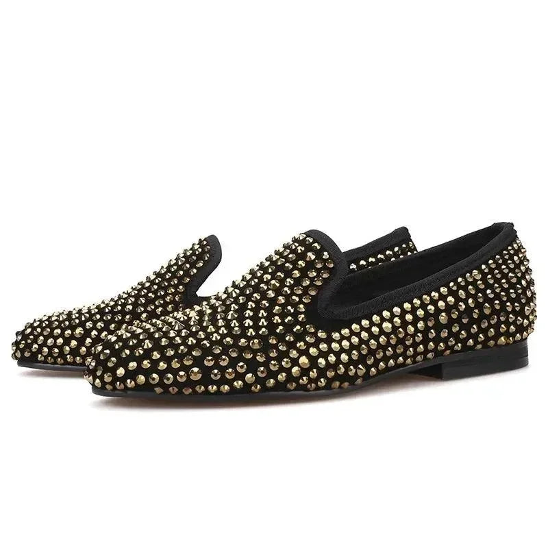 Gold Crystal Suede Loafer Shoes for Women -Guocali