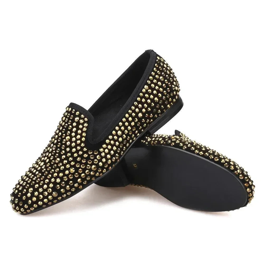 Gold Crystal Suede Loafer Shoes for Women -Guocali