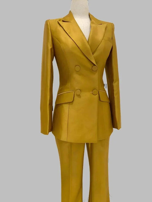 Golden Yellow Two-Piece Suit, Flared Pant Suit -Guocali