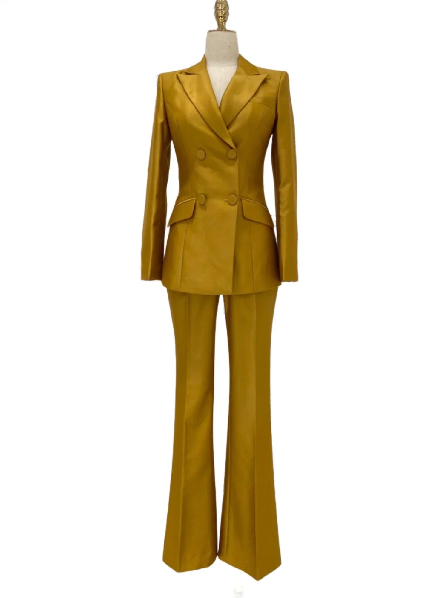 Golden Yellow Two-Piece Suit, Flared Pant Suit -Guocali