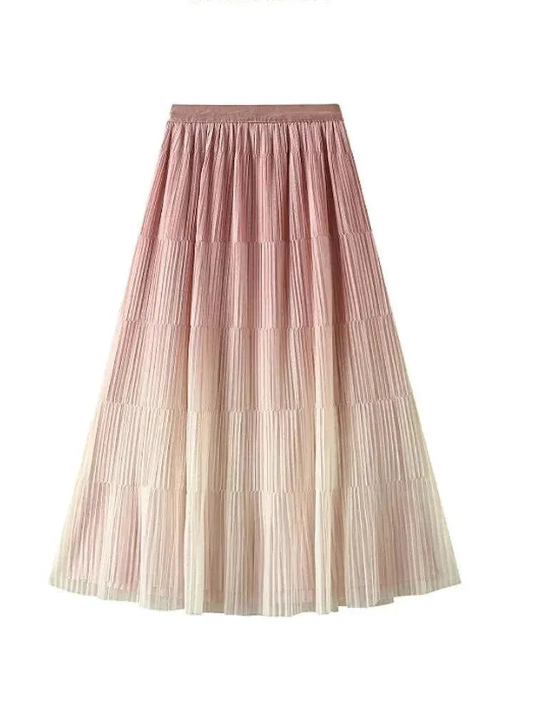 Gradient Color Loose Mid Length Skirt Women - Pleated Skirt - Guocali