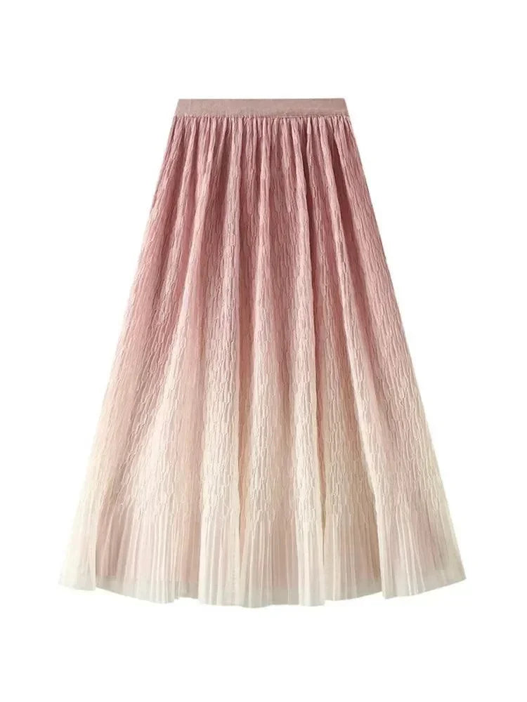 Gradient Mesh Pleated Skirt Multi-color Elegant Women Skirt -Guocali