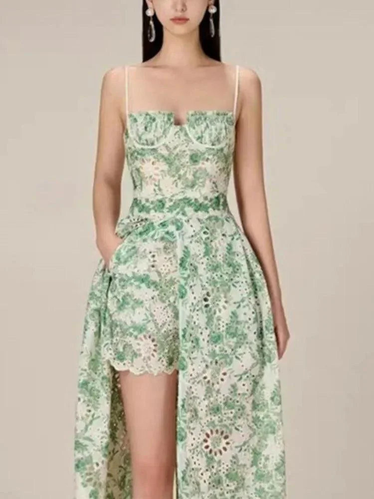 Green Embroidered Suspended Dress-Short Outfit Set -Guocali