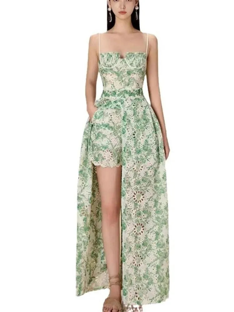 Green Embroidered Suspended Dress-Short Outfit Set -Guocali