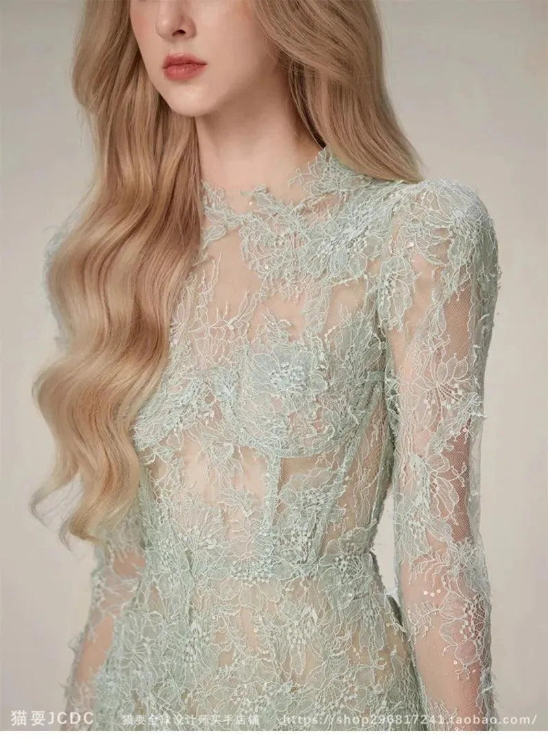 Green Lace Bodycon Long-Sleeve Party Dress -Guocali
