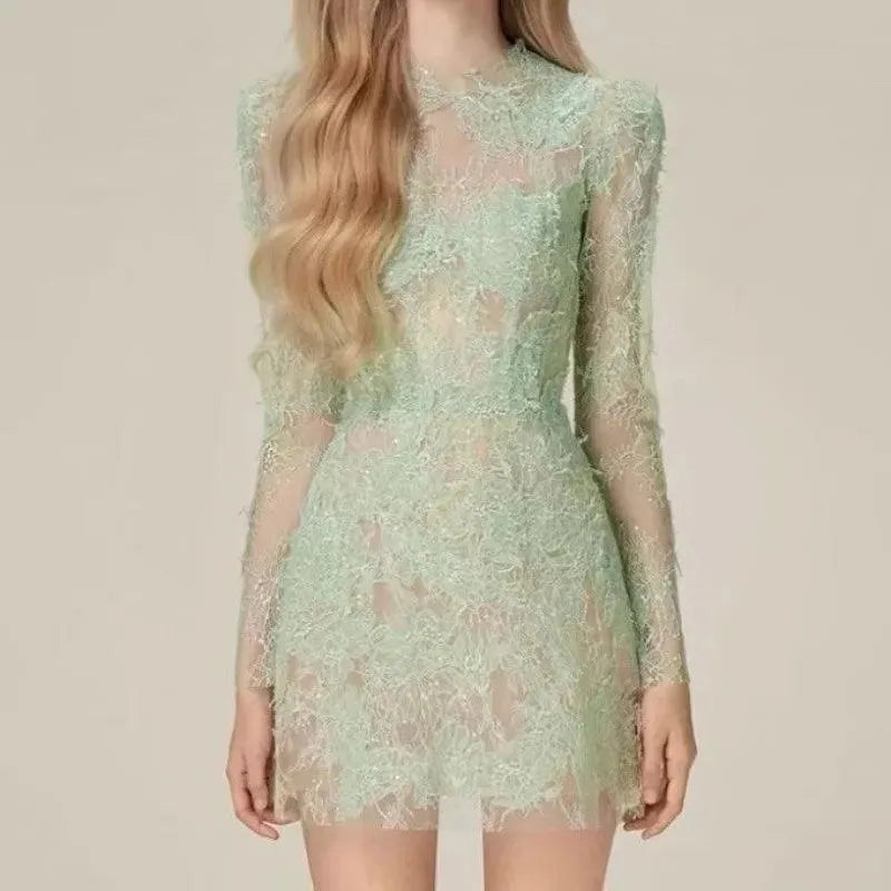 Green Lace Bodycon Long-Sleeve Party Dress -Guocali