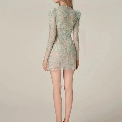 Green Lace Bodycon Long-Sleeve Party Dress -Guocali