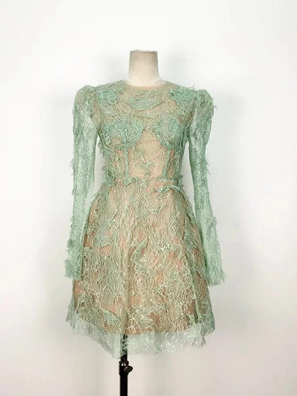 Green Lace Bodycon Long-Sleeve Party Dress - Party Dress - Guocali