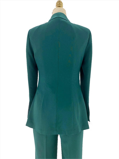 Green Silk Satin Women Pant Suit - Lapel Collar Trouser Suit -Guocali