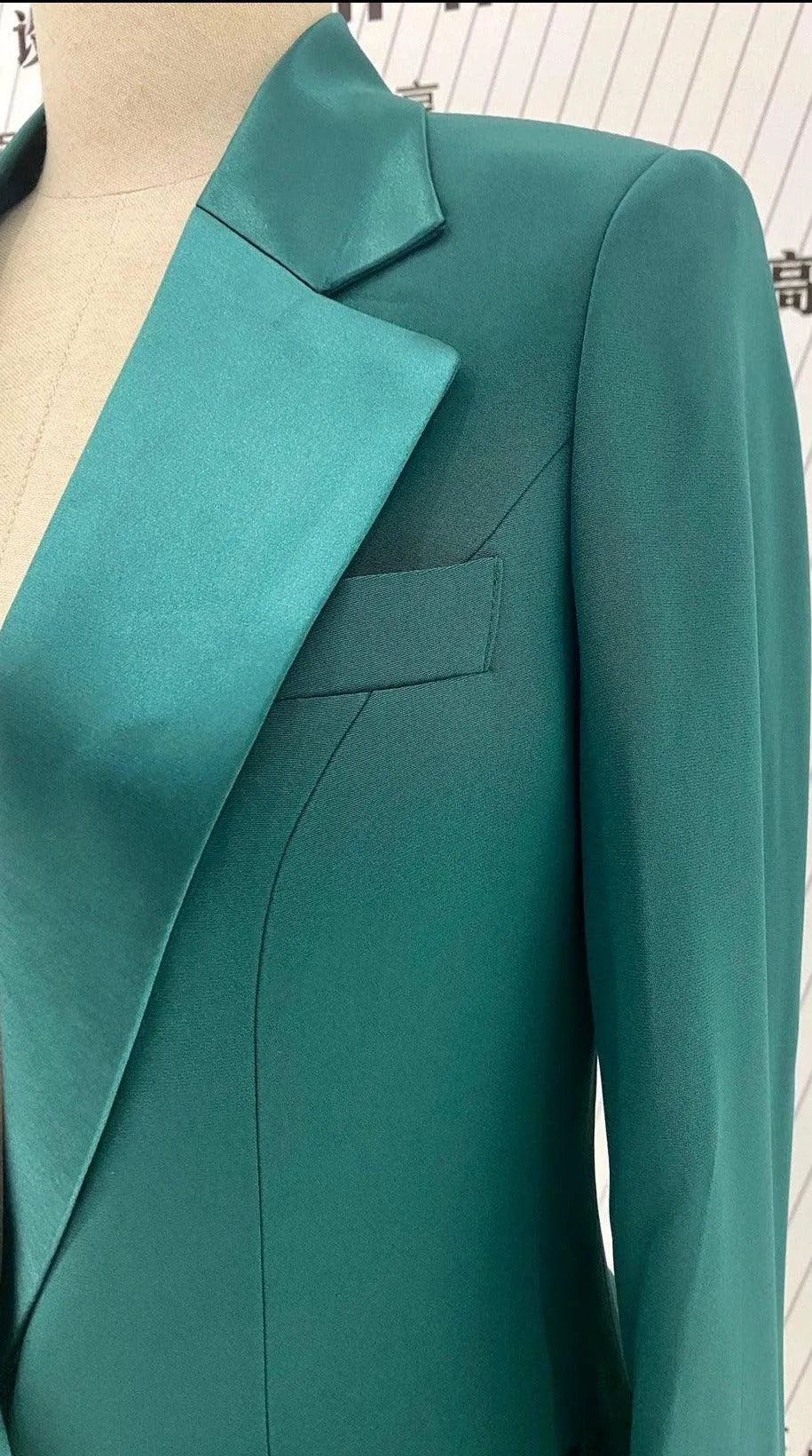 Green Silk Satin Women Pant Suit - Lapel Collar Trouser Suit -Guocali