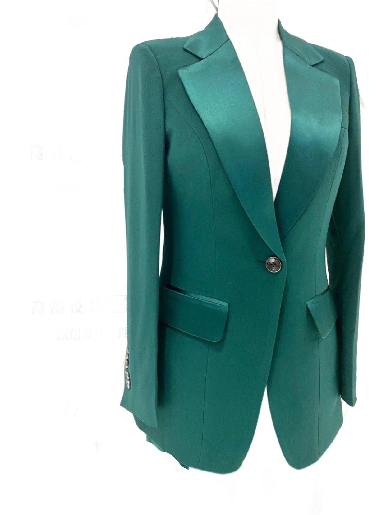 Green Silk Satin Women Pant Suit - Lapel Collar Trouser Suit - Pantsuit - Guocali