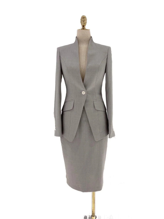 Grey Skirt Suit - Women Formal Suit - Stand Up Collar -Guocali