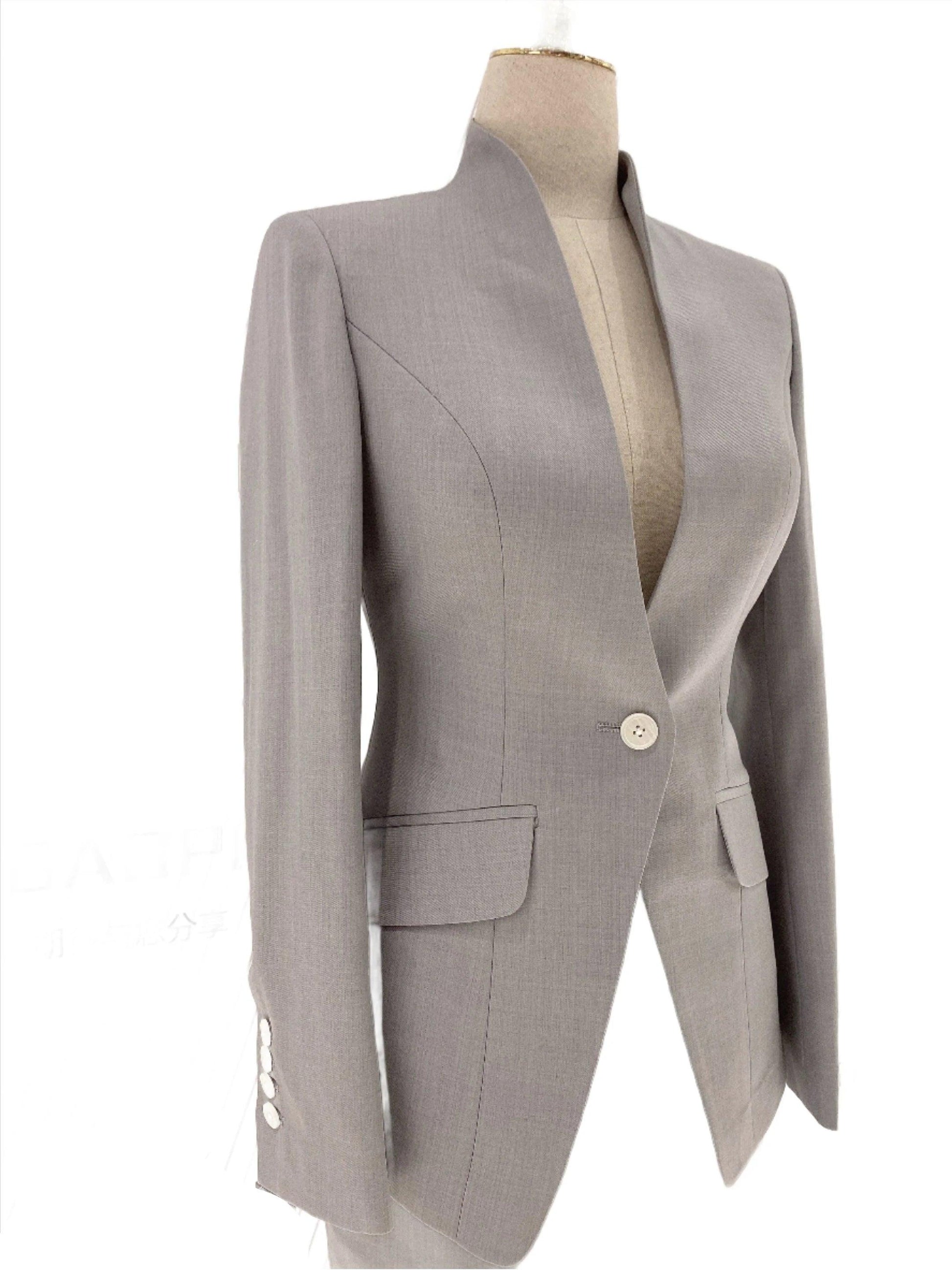 Grey Skirt Suit - Women Formal Suit - Stand Up Collar - Skirt Suit - Guocali