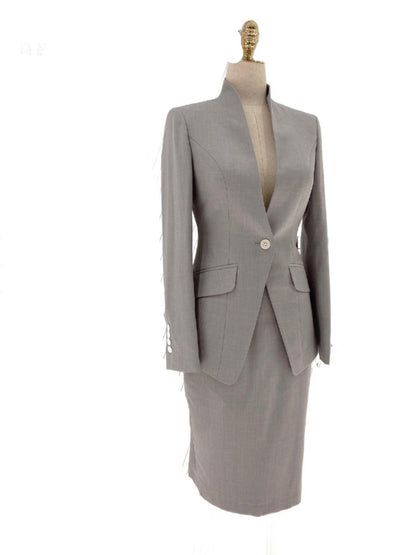 Grey Skirt Suit - Women Formal Suit - Stand Up Collar - Skirt Suit - Guocali