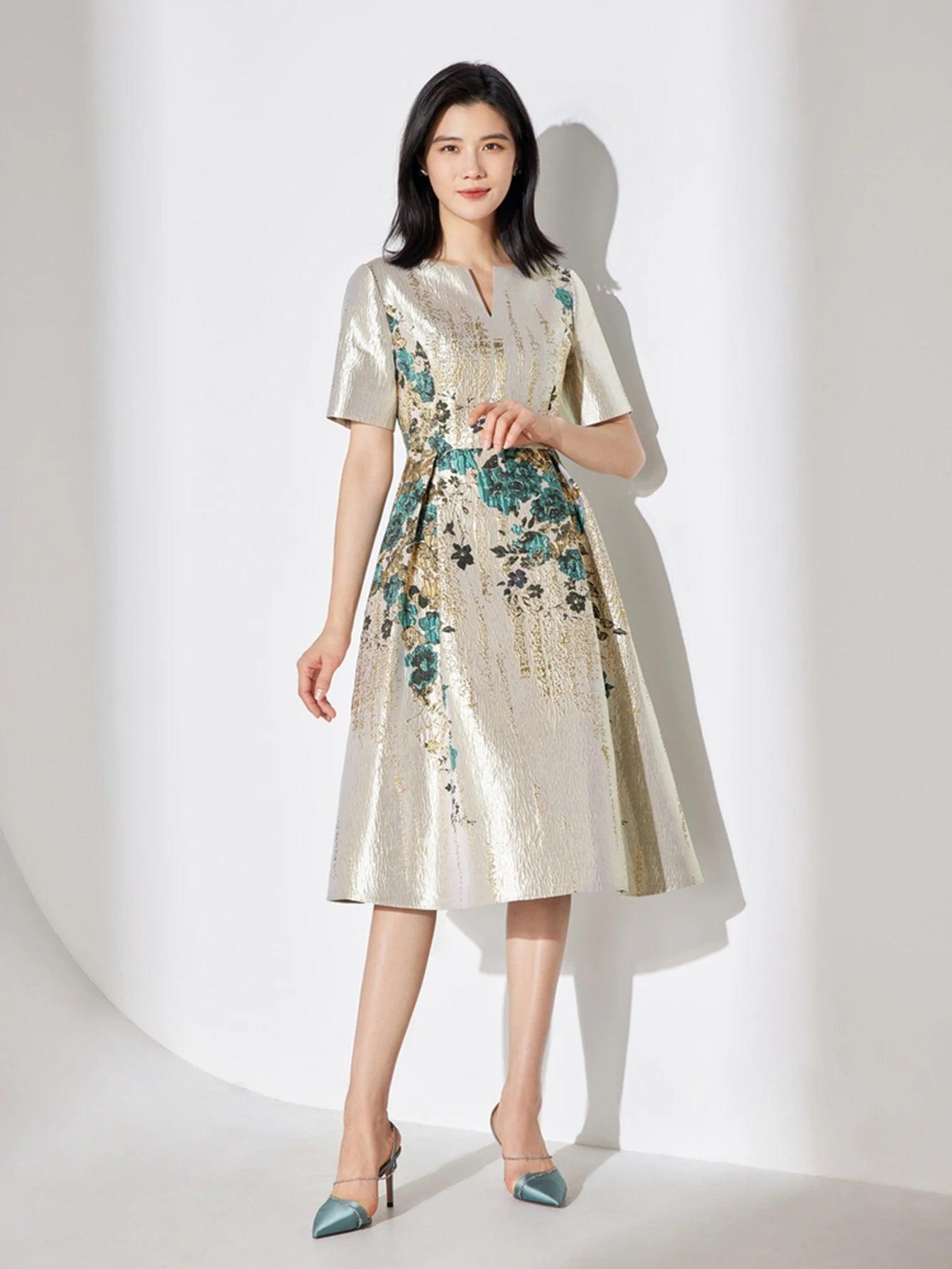 Guocali Elegant Floral Women’s Midi Dress – Chic A-Line Summer Dress - Midi Dress - Guocali