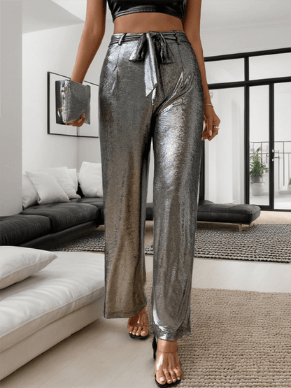 Chic Women Trousers – High-Waist Metallic Finish